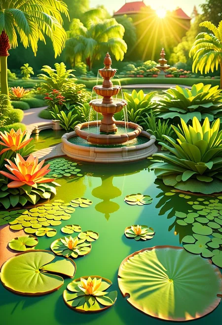 ispzxll, diorama, isometric, miniature, botanical garden, public park, lily pads, pond, manmade pond, water fountain, park, walking around park, potted plants, green water, murky water, 8k, golden hour, long shadows