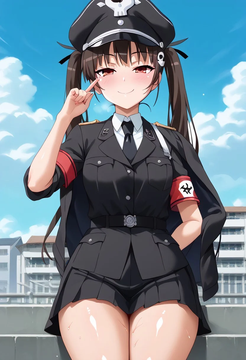 score_9, score_8_up, score_7_up,arekishistyle, hachikuji mayoi, <lora:warden-ponyxl-lora-nochekaiser_r1:1>, skull hat ornament, uniform, military uniform, black uniform, hat, cap, black cap, armband, collared shirt, black necktie, sky, clouds, school building in the background, roman saluting, thick thighs,Expressiveh, naughty face, half-closed eyes, ,detailed background, steaming body,soft skin,shiny skin,sweaty skin,blushed, masterpiece, best quality, absurdres, extremely detailed
