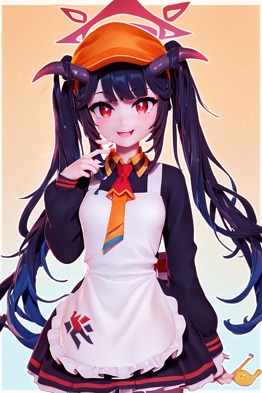 score_9, score_8_up, score_8, medium breasts, (curvy), cute, eyelashes,       BREAK, , ,,, zzFuuka, red eyes, black hair, long hair, horns, halo, demon horns, twintails black dress, white apron, frilled apron,  orange headwear, school uniform, necktie,  <lora:Fuuka_BlueArchive_PDXL:0.8>,   ,,,, BREAK, smile, looking at viewer, cowboy shot, ,,, embedding:zPDXL, Expressiveh, ,,, <lora:Zy0n7_PDXL:0.8>, <lora:SDXLFaeTastic2400:0.5>, <lora:Expressive_H-000001:0.4>,