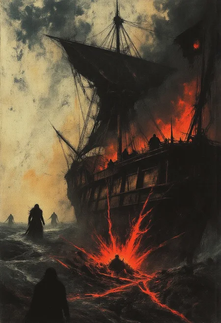 A dramatic, high-resolution fantasy illustration capturing the final desperate stand of a battered pirate galleon, locked in combat beneath a surreal, storm-split sky. The once-proud ship creaks against roaring waves and cannon fire, its sails torn, hull scorched, and rigging aflame. Armored corsairs, their coats soaked in blood and seawater, man the blazing deck with fierce resolve — firing pistols, swinging cutlasses, shouting defiance into the chaos.
At the prow, the captain stands defiant, coat shredded by wind and fire, hair whipping around a face carved by war. With a raised sabre and burning eyes, he signals one final charge as golden cannon fire lights the sea like dying stars. A tattered pirate flag flaps violently above, catching what little light breaks through smoke-drenched skies, casting dramatic shadows across the wounded deck.
Fire and salt spray mix with glowing embers and spectral mist, while the sea boils beneath them, littered with wreckage and fallen comrades. The atmosphere is thick with romanticized warfare, heroic desperation, and the surreal poetry of doomed resistance. Directional light from the setting sun strikes angled clouds and smoke plumes, creating cinematic highlights and sharp color contrast.A timeless masterwork of dynamic composition, epic scale, intricate textures, and brilliant lighting. Inspired by Frank Frazetta, Howard Pyle, and Jakub Rozalski. Best quality, emotionally charged, absolutely eye-catching, and unforgettable.