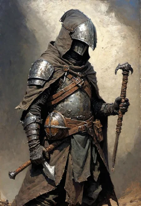 videogame art of (ragged, human barbarian, brigand, holding a iron mace,  wearing leather tunic, metal plates and cloth shaped helmet, sewn together), by Jean-Baptiste Monge and Nicola Samori, praetorian, warhammer, gothic, legion