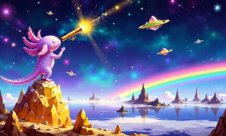(digital artwork in the style of ckgf:1.25), (axolotl:0.9), surreal scene of an axolotl stargazer standing atop a massive, glowing crystal mountain, gazing up at a sky filled with drifting, glowing islands and radiant constellations; its frills flutter in the gentle, magical wind as it holds an ornate telescope emitting a soft, golden light; the jagged, crystalline terrain reflects the celestial hues, creating a vibrant, dreamlike atmosphere filled with wonder<lora:Axomodel_Flux_V1.1.safetensors:0.9:0.9> <lora:ck-Goro-Fujita-000019.safetensors:1.25:1.25> <lora:PCB_Image_Enhancer_for_FLUX.safetensors:0.5:0.5>