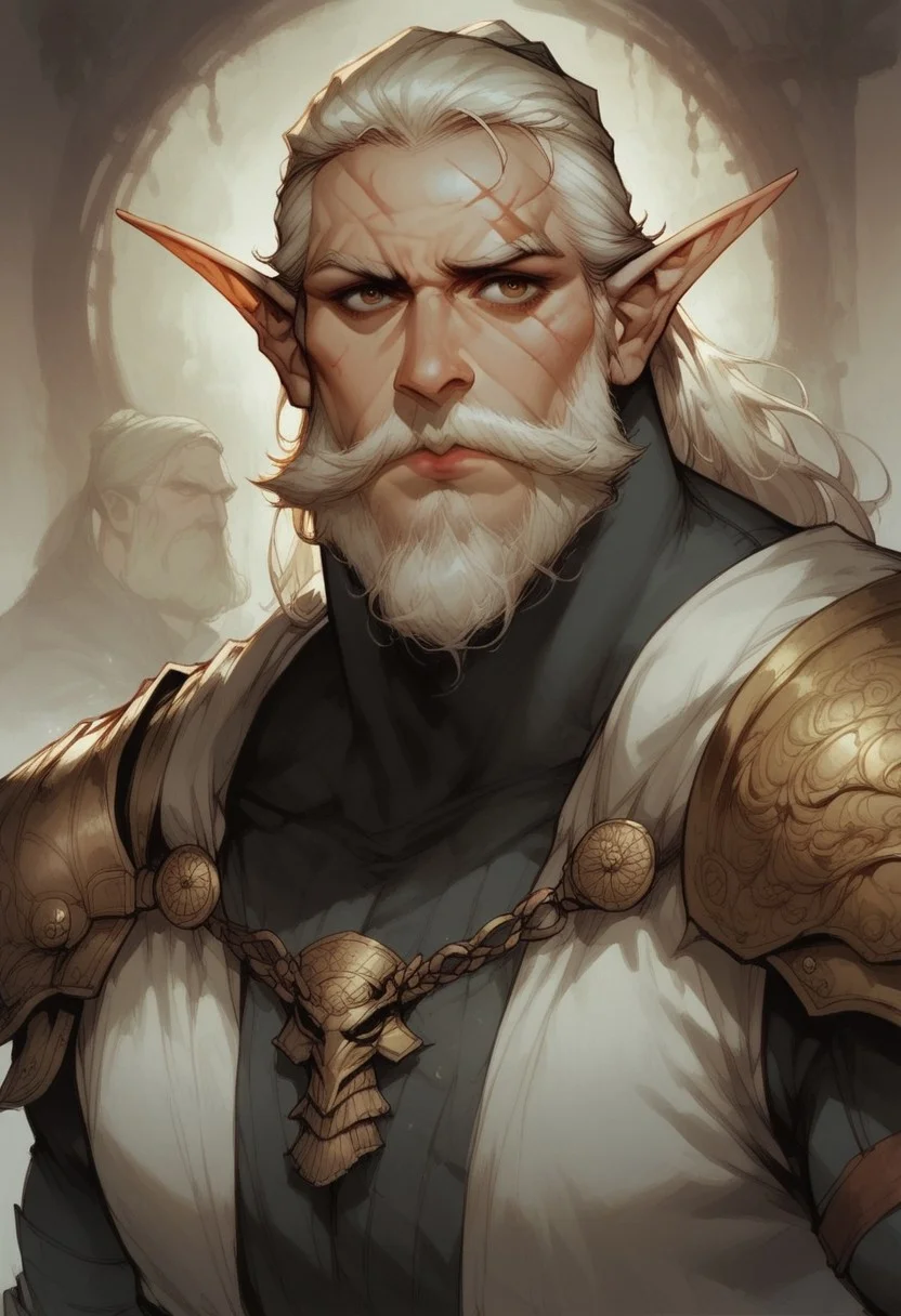 score_9, score_8_up, score_7_up, BREAK, 1men portrait, dramatic lights ((Elf, Monk, Fighter, Warrior, Brown Eyes, blonde hair, facial hair, long beard, white robe, white lether armor, lether armor, armor, 40 years old man, scars, muscular, athletic, wide shoulders, manly, gigachad))