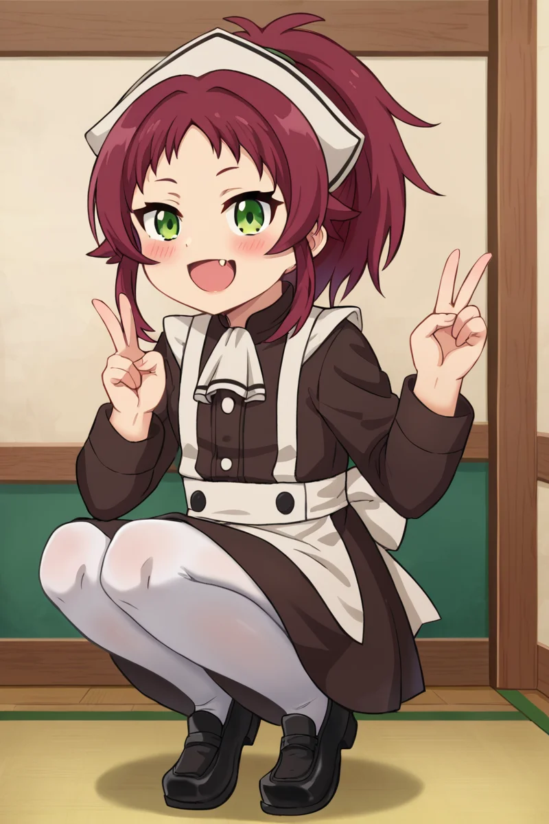 <lora:add_detail:0.5> ,<lora:more_details:0.5>,(masterpiece), best quality, high resolution, highly detailed, detailed background,isekai town,
<lora:aisha-greyrat_small_PONY_epoch-000020:1>,aisha greyrat,green eyes,red hair,ponytail,maid dress,long sleeves,(white pantyhose:1), black footwear,
squatting,blush, attractive lovely smile,upper one little fang, peace_sign,
