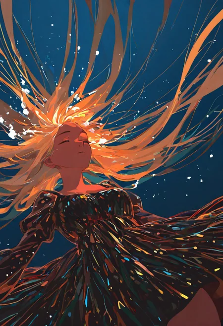 1girl, fantastical dress, floating, underwater, making music, inverted background, (flat lighting, flat color, flat design, no lineart:1), spot color, triadic colors, film grain, local color adaption, neon, pearlescent, masterpiece, best quality, amazing quality, very aesthetic, absurdres, newest,