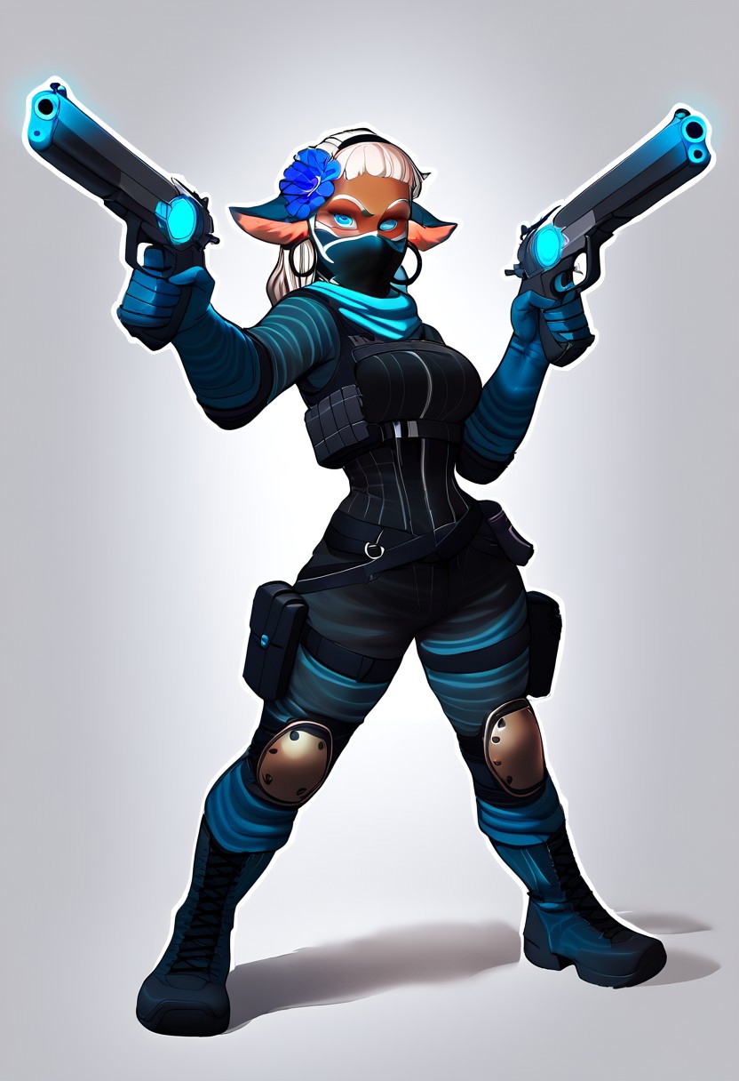 (score_9), score_8_up, score_7_up, score_6_up, solo focus, <lora:4_optx-25:0.84>, masterpiece,best quality, highly detailed,source_cartoon, expressiveh, easynegative, eye_focus, dual pistols holstered, fully clothed, full body armor, bulletproof vest, wide hips, pointing forward, detailed face, perfect body, detailed hands, musculature, breasts, thighs, long hair,  ass, tanned skin, thigh band,1girl, black ninja outfit, ninja mask,striped stockings, leg armor, hairband, black dresssuit, blue gloves, elbow gloves, bakara jurgen blue,thigh pouch, black bdu,headgear, ballistic vest, knee pads, lidded eyes, blue eyes,makeup, wide hips, muscular woman, cyan highlight, colored eyelashes,multicolored hair, hair flower, hoop earrings, eyewear on head, neon clothing, animal ear fluff, fox ears, mouth mask, ninja, scarf, glowing eyes, transparent skin, transparent, translucent, glowing, neon, neon_style , graphic novel, ink lined illustration, multicolored outline,  black canvas, depth of field, <lora:incase---1:0.3>, <lora:Realistic_2.5DAnime_Merge1:0.4>