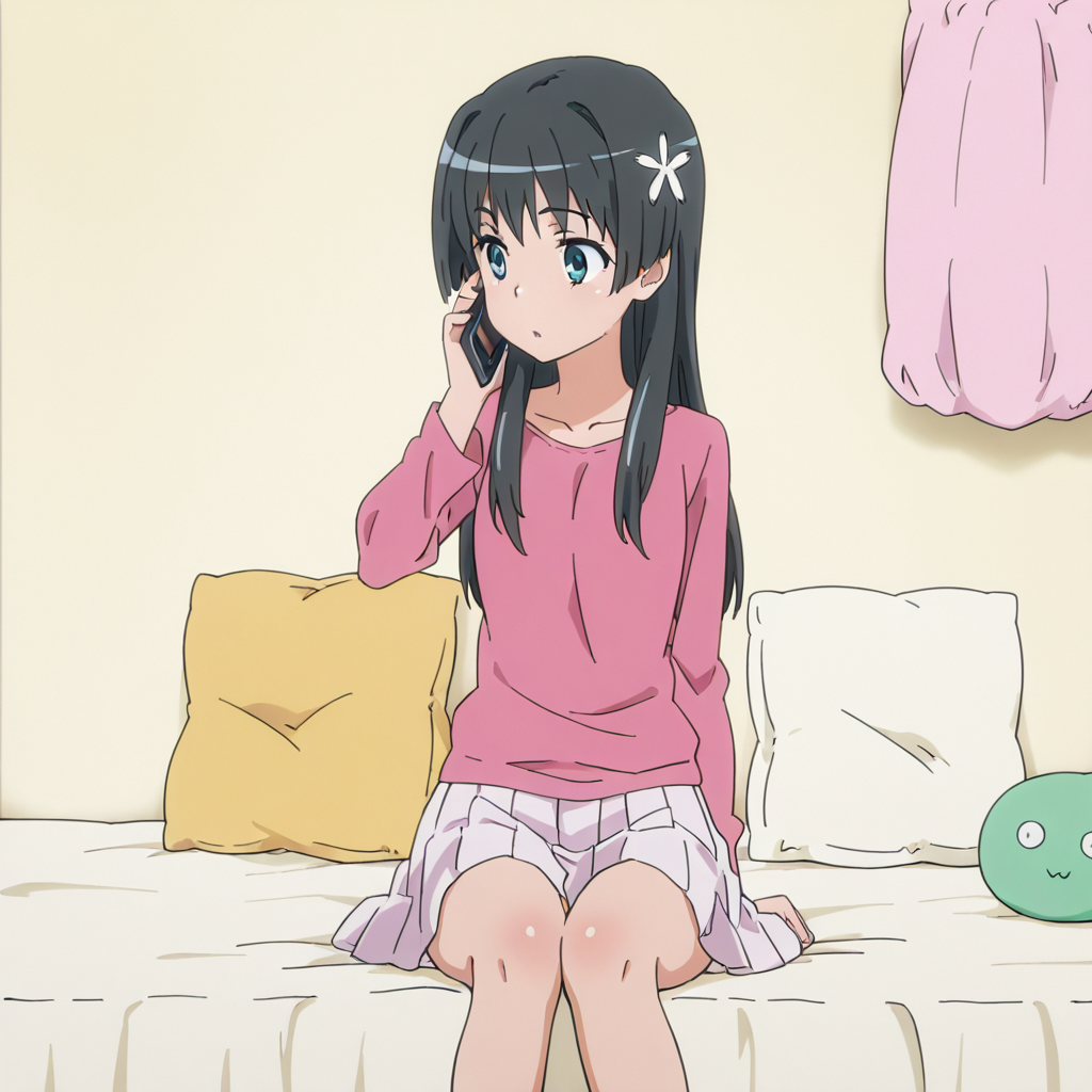nsfw, masterpiece, best quality, amazing quality,1girl, solo, index_railgun_saten_ruiko, sitting, on bed, black hair, long hair, pillow, phone, hair flower, hair ornament, stuffed toy, cellphone, pink casual, bedroom, skirt, anime coloring, <lora:Saten_Ruiko_-_Index_Railgun:0.7>