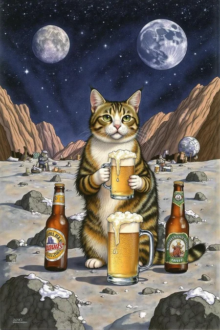 jole1 illustration.
A cat enjoying a beer on the lunar surface, surrounded by empty and full beer bootles. Rocky terrain, desolate and otherworldly landscape <lora:jole1_cap_d6a3e12:1.0><lora:825876130599833792:0>
