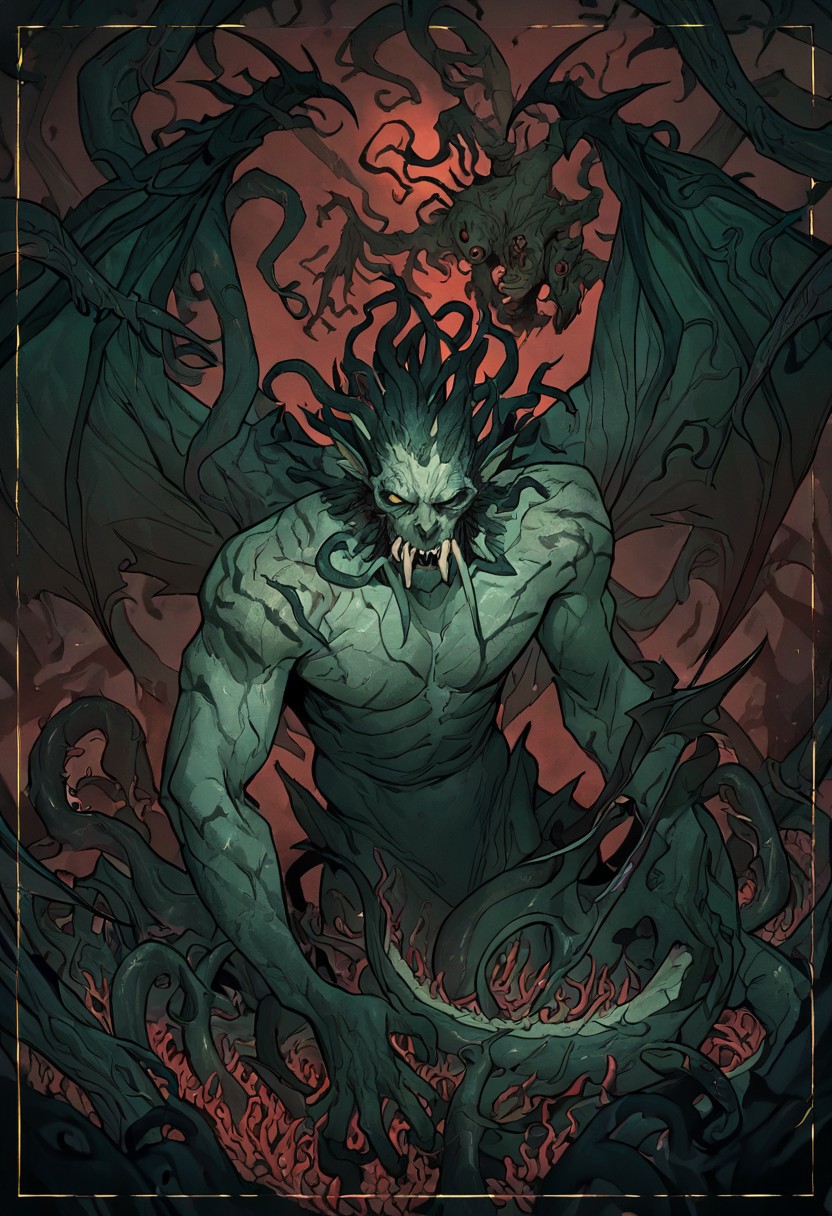 masterpiece, best quality, newest, absurdres, highres, 
DTILV1.0, Tarot, Tarot card,
1boy, monster, monster boy, eldrich, eldrich horror, tentacles, green skin, green colored skin, tusks, fangs, sharp teeth, wings, demon wings, tail,