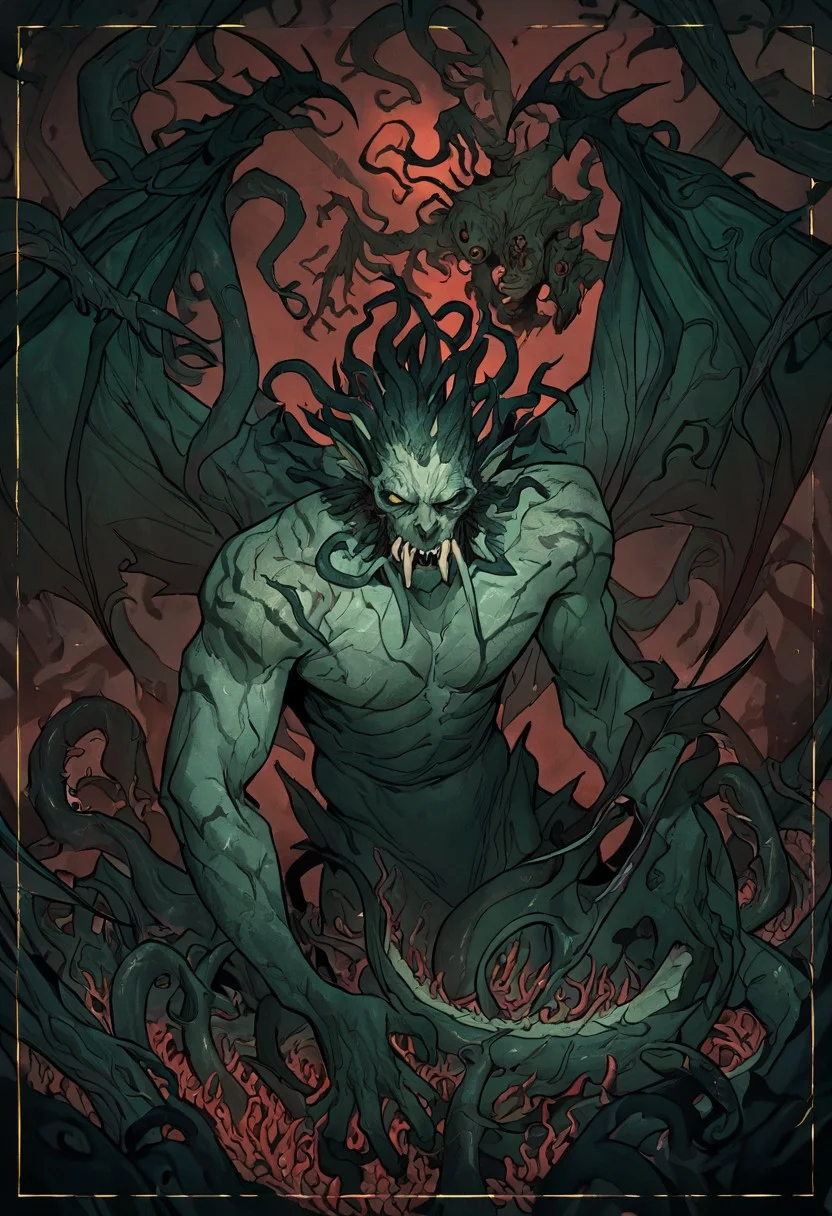 masterpiece, best quality, newest, absurdres, highres, 
DTILV1.0, Tarot, Tarot card,
1boy, monster, monster boy, eldrich, eldrich horror, tentacles, green skin, green colored skin, tusks, fangs, sharp teeth, wings, demon wings, tail,