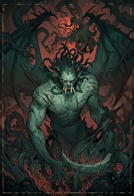 masterpiece, best quality, newest, absurdres, highres,
DTILV1.0, Tarot, Tarot card,
1boy, monster, monster boy, eldrich, eldrich horror, tentacles, green skin, green colored skin, tusks, fangs, sharp teeth, wings, demon wings, tail,