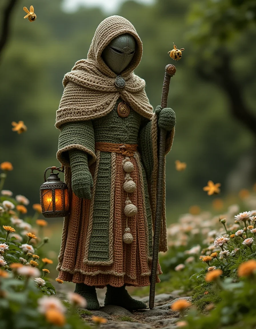 A serene herbalist dressed in crocheted robes in the ral-kntarmr style, featuring intricate patterns of vines, leaves, and flowers. The robes are in earthy tones of olive green, chestnut, and soft beige. They carry a crocheted satchel filled with glowing herbal pouches and a staff adorned with a crocheted lantern. They wander through a tranquil meadow, surrounded by fluttering crocheted bees and glowing wildflowers that softly light the path.
<lora:ral-kntarmr-flux-000007:1>