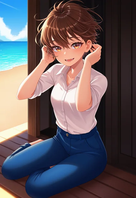 masterpiece, best quality, amazing quality, absurdres, 1girl, solo, asumaww, tomboy, brown eyes, brown hair, short hair, hair between eyes, small breasts, collared shirt, pants, <lora:Hishikawa_Asuma_Spirited_Girl_ill:0.9>, sitting, yokozuwari, hair tucking, adjusting hair, floating hair, wind, looking at viewer, smile, open mouth, outdoors, day, beach, ocean, skindentation, detailed clothing folds, depth of field, sharp, high contrast, dynamic light