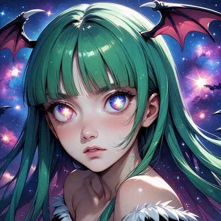 score_9, score_8_up, score_8, (source_anime), eyedetailxl, bettereyes, detailed_eyes, BREAK, Morrigan Aensland, blush, perfect face, 1woman, 22 years old, (galaxy_eyes), galaxy eyes, MorriganAe, hime_cut, emerald_green hair, blunt bangs, close-up, focus on eyes, focus on face,