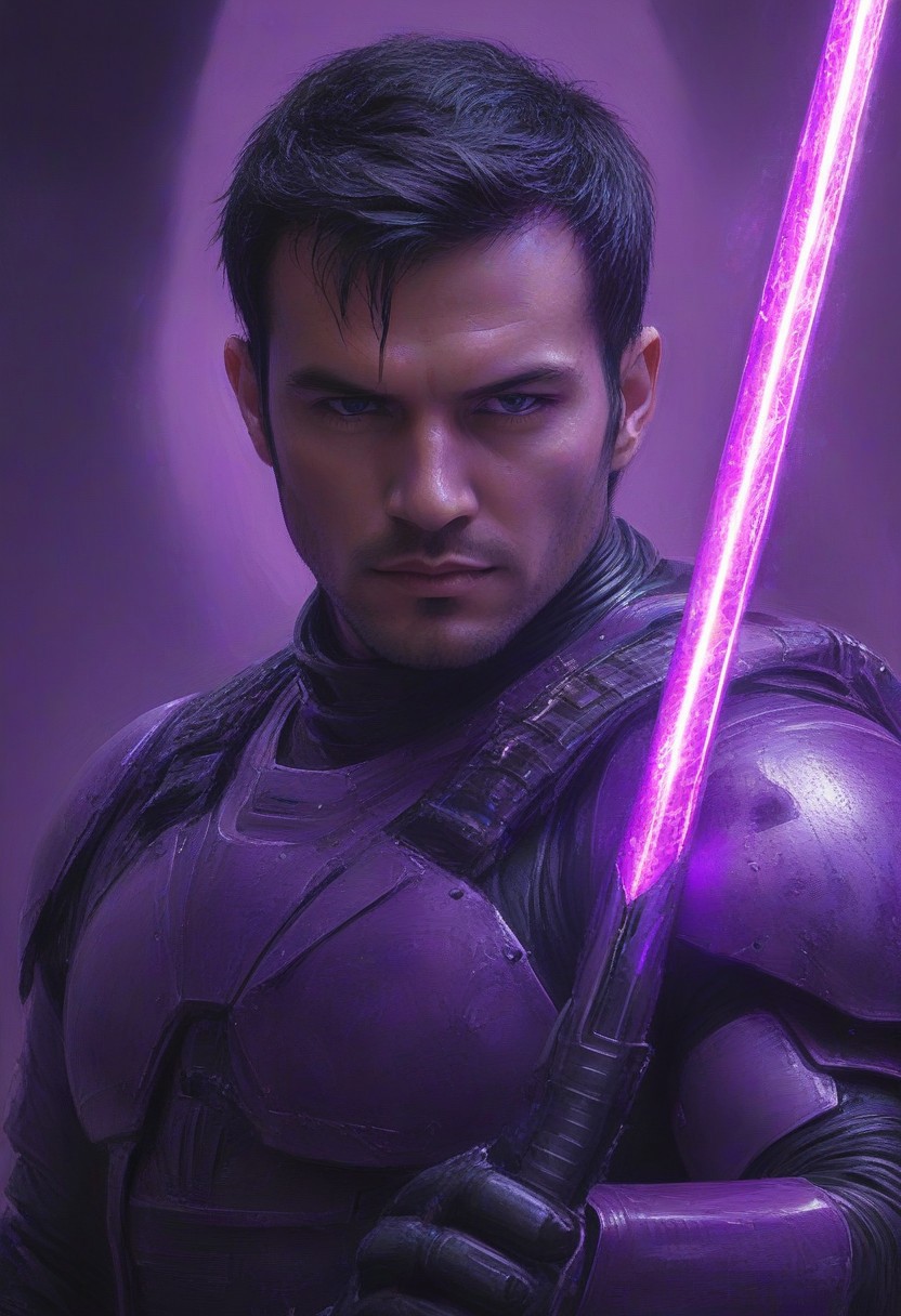 photo, 1man, closeup portrait, purple 
plasma sword