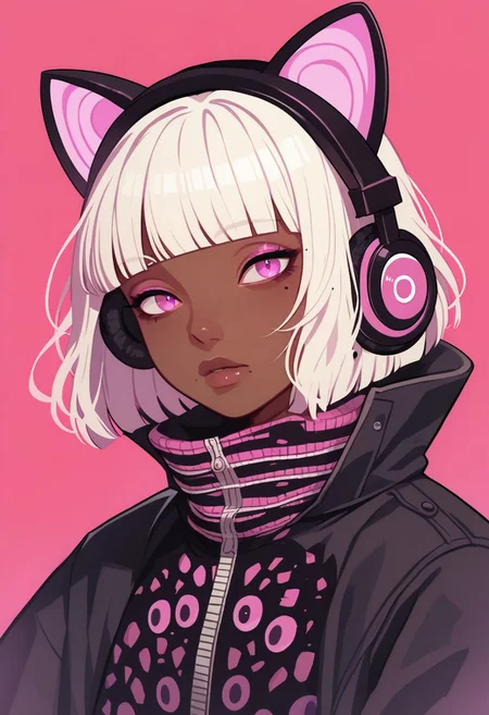 did vaporwave style, 1girl, solo, pink background, pink eyes, animal ears, mole, simple background, fake animal ears, upper body, white hair, mole under eye, looking at viewer, headphones, blunt bangs, short hair, makeup, jacket, animal ear headphones, lips, high collar, cat ear headphones, dark-skinned female, coat, purple eyes, monster, horror (theme), glowing, zPDXL2