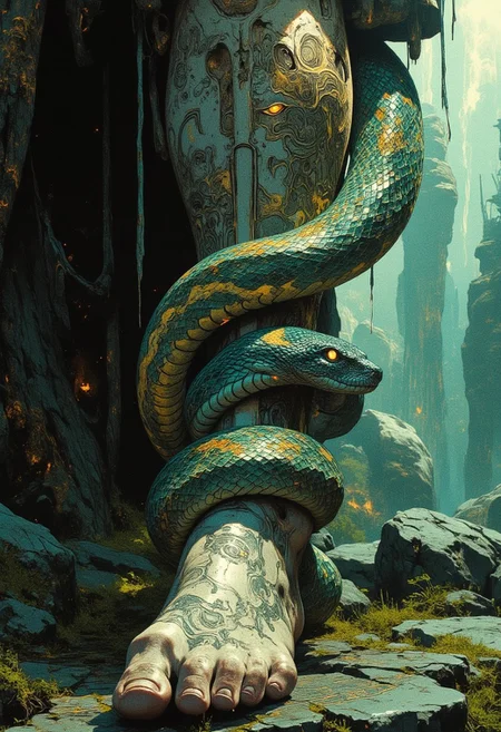 A dramatic close-up of a bare leg partially covered in ornate, weathered armor, coiled tightly by a serpentine snake with shimmering, iridescent scales that glow faintly in hues of emerald green and sapphire blue. The snake's golden eyes glow ominously as its intricate, gem-like scales glisten in the faint light. The leg, adorned with faintly glowing runic tattoos, trembles slightly, suggesting tension and peril. The ground below is a mix of mossy stone and faintly glowing, magical runes, hinting at a mysterious, enchanted setting. In the blurred background, soft beams of light break through a dense, enchanted forest, adding a surreal and fantastical atmosphere to the scene.