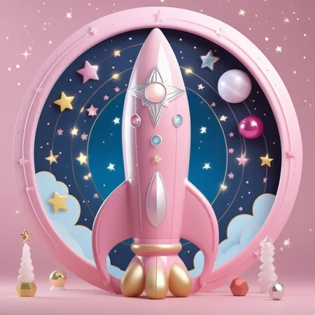 A photorealistic image of a child's toy rocket, the main body painted in a soft pink hue. The rocket is adorned with sparkling jewels, each gem catching the light to create a dazzling effect. The design also features delicate moon shapes, adding a whimsical touch. In the background, a magical six-pointed star circle, or hexagram, glows softly, creating an enchanting ambiance that complements the toy's whimsical design.,<lora:girl_toy_style:0.55>,