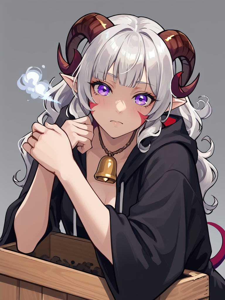 source_furry, score_7_up, rating_safe, gold necklace, tiefing, short pointed ears, brown horns, (a pair of brown sheep Horns that begin at her temples and curve back: 1.5), bangs, long silver hair long wavy hair, pale skin, short pointy ears, purple eyes, <lora:age_slider_v4:0.6>   medium breasts, skinny female, close up, silver hair, <lora:Tieflingnew weird fantasyDND:0.3> Tiefling, pointed ears, horns, <lora:Smooth Style 2 SDXL_LoRA_Pony Diffusion V6 XL:0.5> bell, robe, hood off,  < <lora:whisker_markings:0.8>red whisker_markings, 
 <lora:Crate:0.8> sit on crate, sitting, full body, 
 <lora:breath_weapon:0.8> breath_weapon ,dust  breath breath_spit, looking front ,