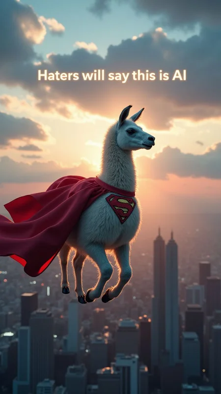"A llama wearing a superhero cape, flying over a city skyline, with the phrase 'Haters will say this is AI' glowing in the clouds behind him" , <lora:aidmaHyperrealism:0.45> aidmahyperrealism,
<lora:aidmaMJ6.1:0.75> aidmaMJ6.1