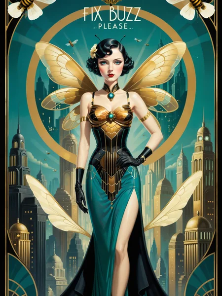 oil on canvas, 1920s art deco poster, (text:"FIX BUZZ, PLEASE":1.1), famous artwork inspired (erte:1.1) and (metropolis:1.1) and (bioshock:1.1), a stunningly beautiful woman in a luxurious honey bee-themed gown with a retrofuturistic cityscape in the background, (teal:1.3), (black:1.2), (gold:1.2), (beige:1.1), bee wings, fairy wings, <lora:add-detail-xl:1.4> <lora:more_artful-xl:0.6> <lora:art_deco_posters-xl-by_wolfsystems:0.6>