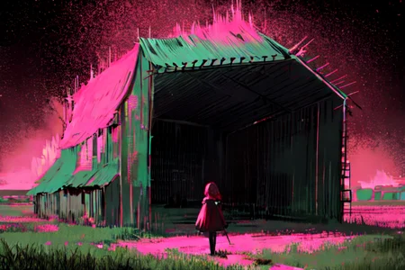 (otherworldly), highly insanely detailed, masterpiece, top quality, best quality, highres, 4k, 8k, RAW photo, (very aesthetic, beautiful and aesthetic), farm, fields, barn, fence, fantfa, <lora:FantasyFarm-10:0.6>,
1girl,
(black hair,crimson hair ),
(neon pink background,neon red background ,neon color,gradient background,solid color,solid color background),âââ