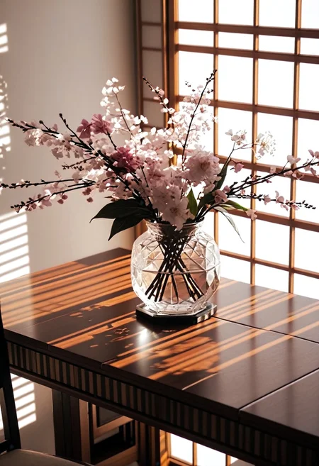 (in the style of Nakitumi Nayashi:2.2), flowers on the table, ultra detailed <lora:Nakitumi-Nayashi-style:-1.5> <lora:XL-xartretrodeco-final:0.5> xartretrodeco, sunrays, geometric thermionic shadows