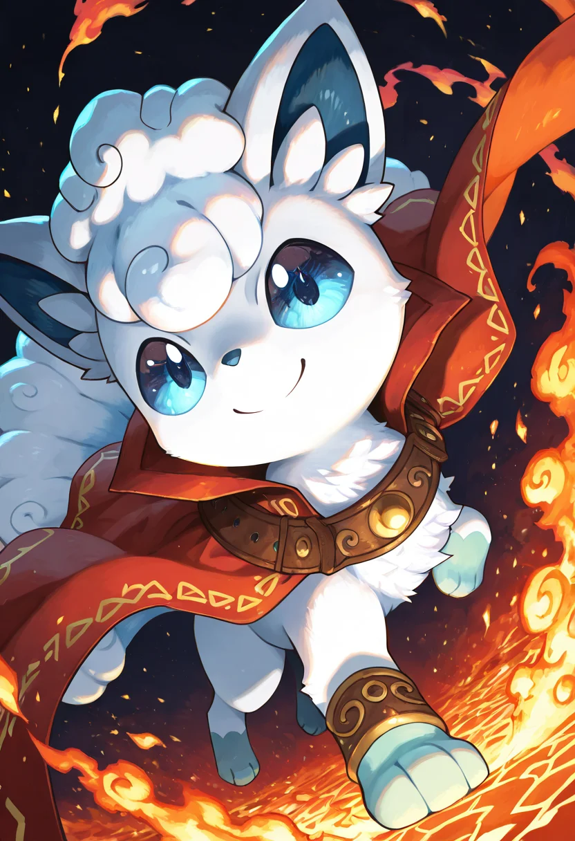 masterpiece, best quality, (no humans:1.1), solo, smile, looking at viewer, dynamic angle, foreshortening, close up,      zzVulpixA, fluffy, white fur,  ,<lora:VulpixAlolanPokedex_IXL_v1:1.0>,   [Crimson Ember Sentinel], burnt orange tunic with fiery red embroidery, leather armor bracers, amber-stone belt, boots of scarlet and gold with flame motifs, red feathered cloak, fiery backdrop with glowing embers floating in the air, intense eyes, stance firm and protective,