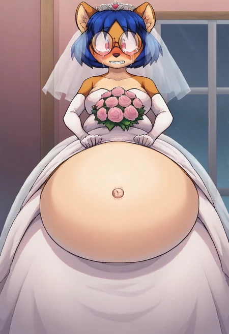 score_9, score_8_up, score_7_up, BREAK, 1girl, digital art, fbfng, anthro, fpx, blue hair, (belly:1.5), round glasses, huge beasts, looking at viewer, blush, seductive look, crying, bride, wedding dress, bridal veil, strapless dress, elbow gloves, holding bouquet
