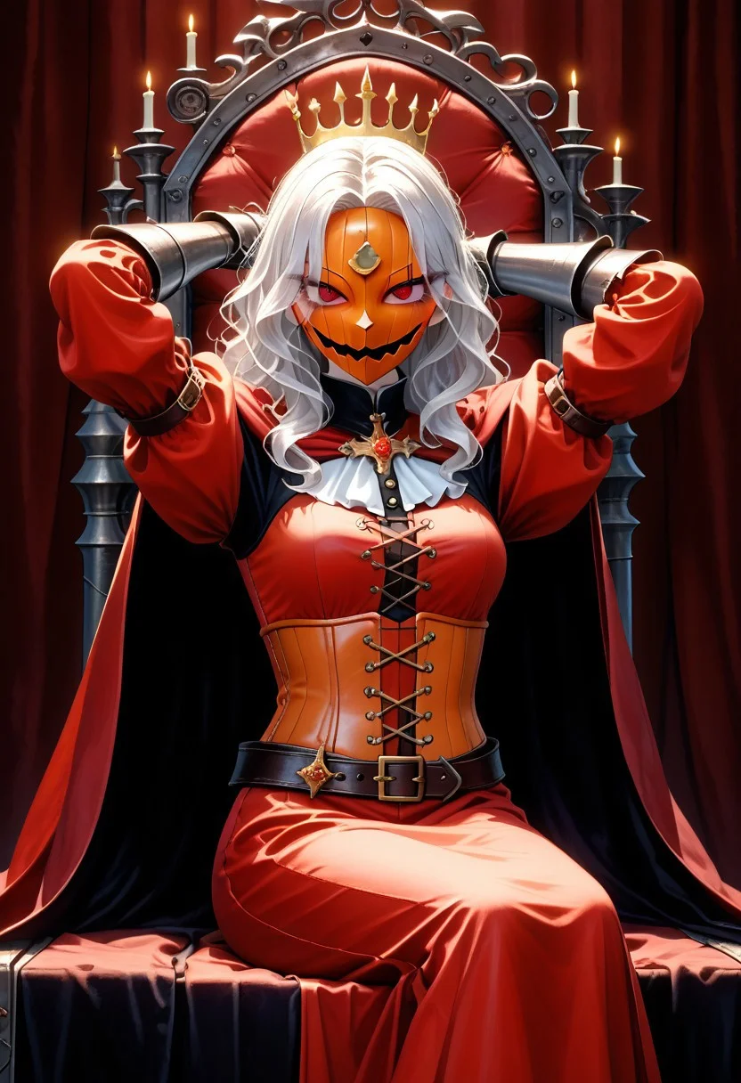 (masterpiece, best quality, absurdness, 4k, aesthetic, detailed, intricate, perfect lighting) cinematic angle, 1sologirl, sitting on throne, elbow rest, castle interior, cape, TWIN belt, armor, cloak, red gloves gauntlets, bkcrown, red eyes, white haired anime girl, with wavy hair, pale skin, On her face she had a pumpkin mask, orange porcelain pumpkin mask, full mask cover face, dressed in a medieval corset, with black medieval clothing, anime style. Conjure up some magic capturing the Halloween spirit. Arms behind head, strong body, abs.