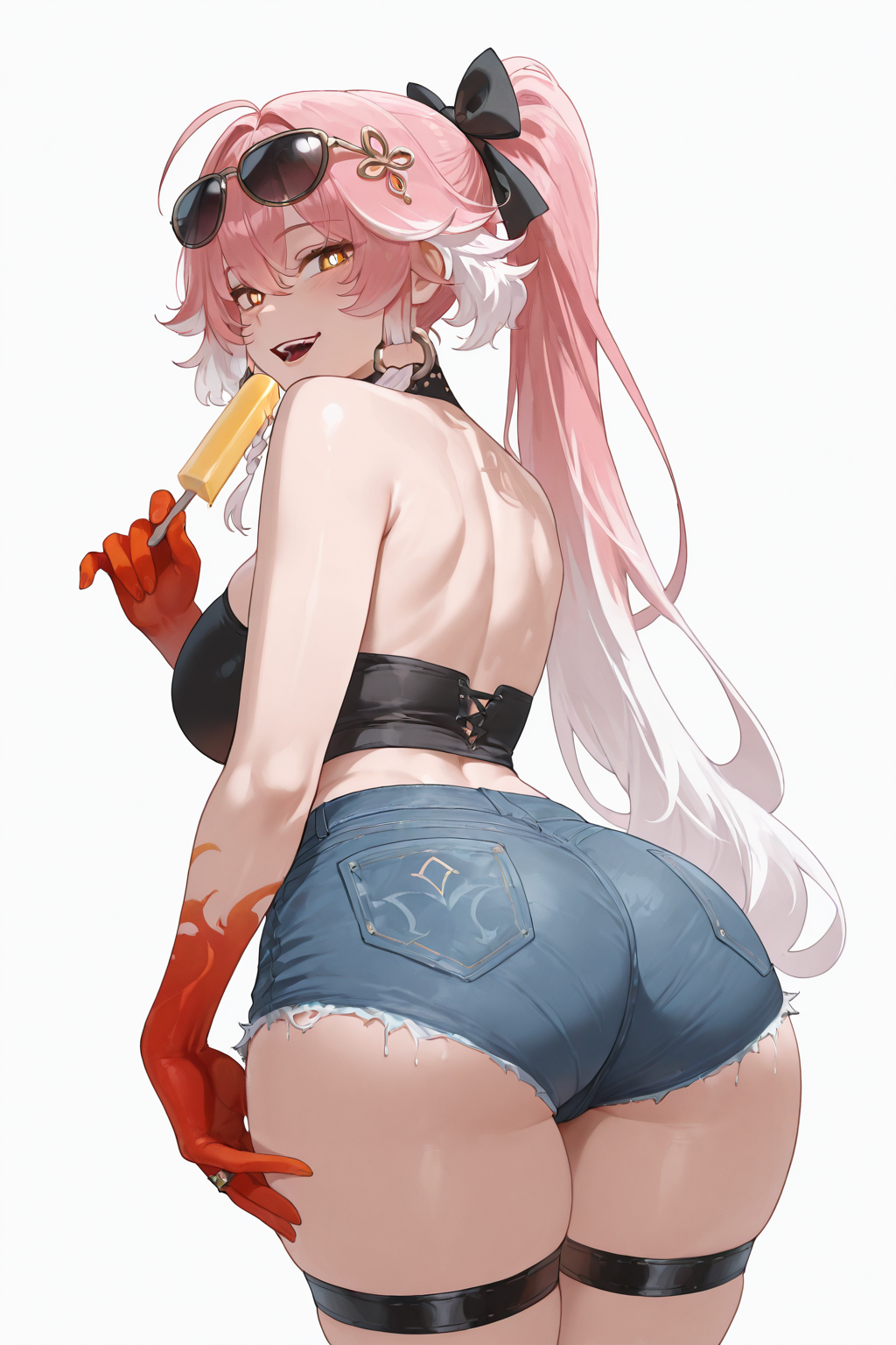 masterpiece,best quality,amazing quality,absurdres, <lora:Changli_Wuthering_Waves:1>, ChanDS, 1girl, alternate costume, armpit crease, ass, bare shoulders, black bow, black shirt, blush, bow, breasts, bright pupils, colored extremities, crop top, denim, denim shorts, eyewear on head, food, from behind, hair between eyes, hair bow, hair extensions, hair ornament, holding, holding food, holding popsicle, large breasts, light blush, long hair, looking at viewer, median furrow, multicolored hair, open mouth, pink hair, ponytail, popsicle, red hands, ring hair extensions, shirt, shorts, shoulder blades, sidelocks, smile, solo, sunglasses, thigh strap, two-tone hair, very long hair, white bow, white hair, white pupils, yellow eyes