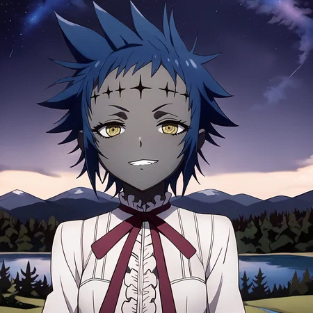 sharp focus, pixiv masterpiece, intricate details, expressionless, source_anime, score_9_up, score_8_up, score_7_up, score_9, looking at viewer,
, highres,, 1girl,solo, remarkable, absurd res, forest, <lora:roadkamelot_PonyXL_0.3:1>, noahroad, neck_ribbon, white blouse, eyelashes, lake, pine trees, evil grin, grey_skin, forehead_crosses, starry sky, night, headshot, (close-up:1.1), dark blue hair, face