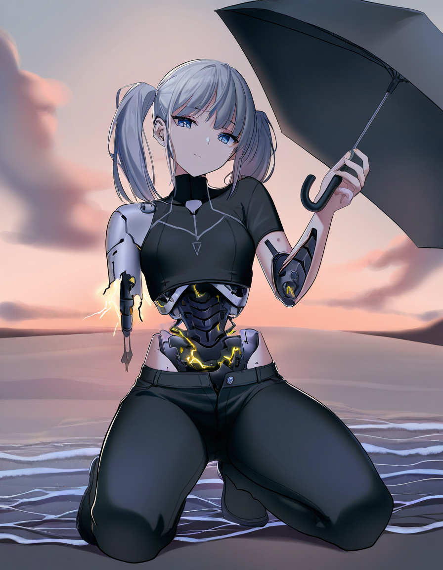 1girl, solo, cyborg, topwear, pants, holding umbrella, holding object, missing arms, damaged belly, kneeling, beach, pigtails, grey hair, 5 fingers, looking at viewer, [[electricity]], (masterpiece, best quality), absurdres, highres