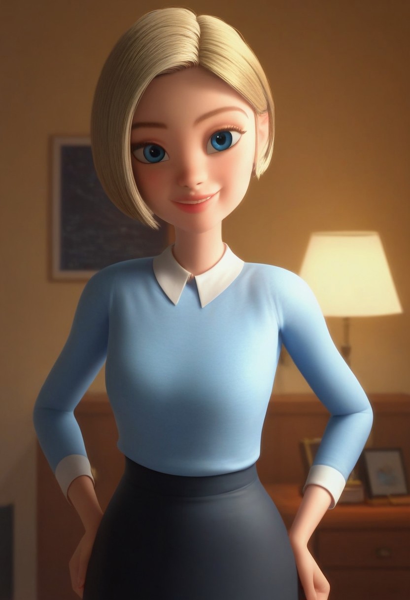 score_8, score_8_up, score_7_up, 1girl, solo, female focus, Lucy_HI, light skin, blue eyes, light blonde eyebrows, light blonde hair, short straight hair, pink lips, long-sleeved pastel blue sweater, tight black skirt, long white socks, flat black shoes, smile, standing, indoors, bed, bedroom, nightstand, lamp, window, looking at the viewer, hands on hips, perfect hands. perfect smile, perfect eyes, sunny day