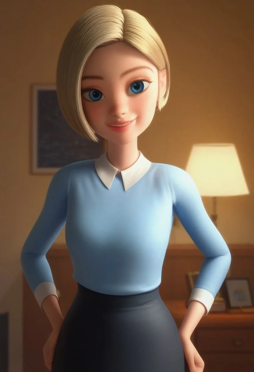score_8, score_8_up, score_7_up, 1girl, solo, female focus, Lucy_HI, light skin, blue eyes, light blonde eyebrows, light blonde hair, short straight hair, pink lips, long-sleeved pastel blue sweater, tight black skirt, long white socks, flat black shoes, smile, standing, indoors, bed, bedroom, nightstand, lamp, window, looking at the viewer, hands on hips, perfect hands. perfect smile, perfect eyes, sunny day