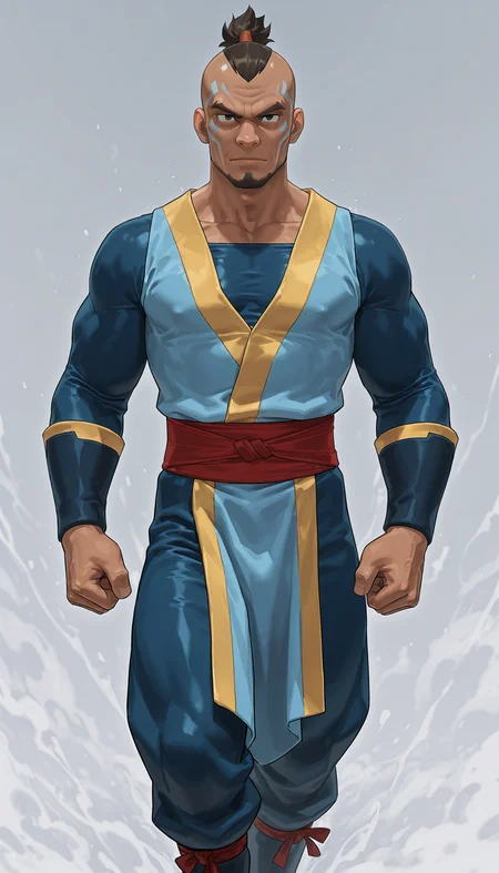 avatar: the last airbender,Sokka,male,muscular,solo,stubble,dark skin,bodysuit,looking at viewer,detailed eyes,standing,best quality,bald,<lora:takalocon-20:0.8>,