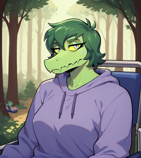 score_9_up, score_8_up, score_7_up, score_6_up,
<lora:Olivia_Halford_IWHTG_XL_v1:1> olivia halford, baryonyx, scalie, green hair, eyelashes, snout, grey eyes, yellow sclera,
forest, looking at viewer, purple sweatshirt, sweatpants, slippers, wheelchair, sitting, depressed, full-length portrait,