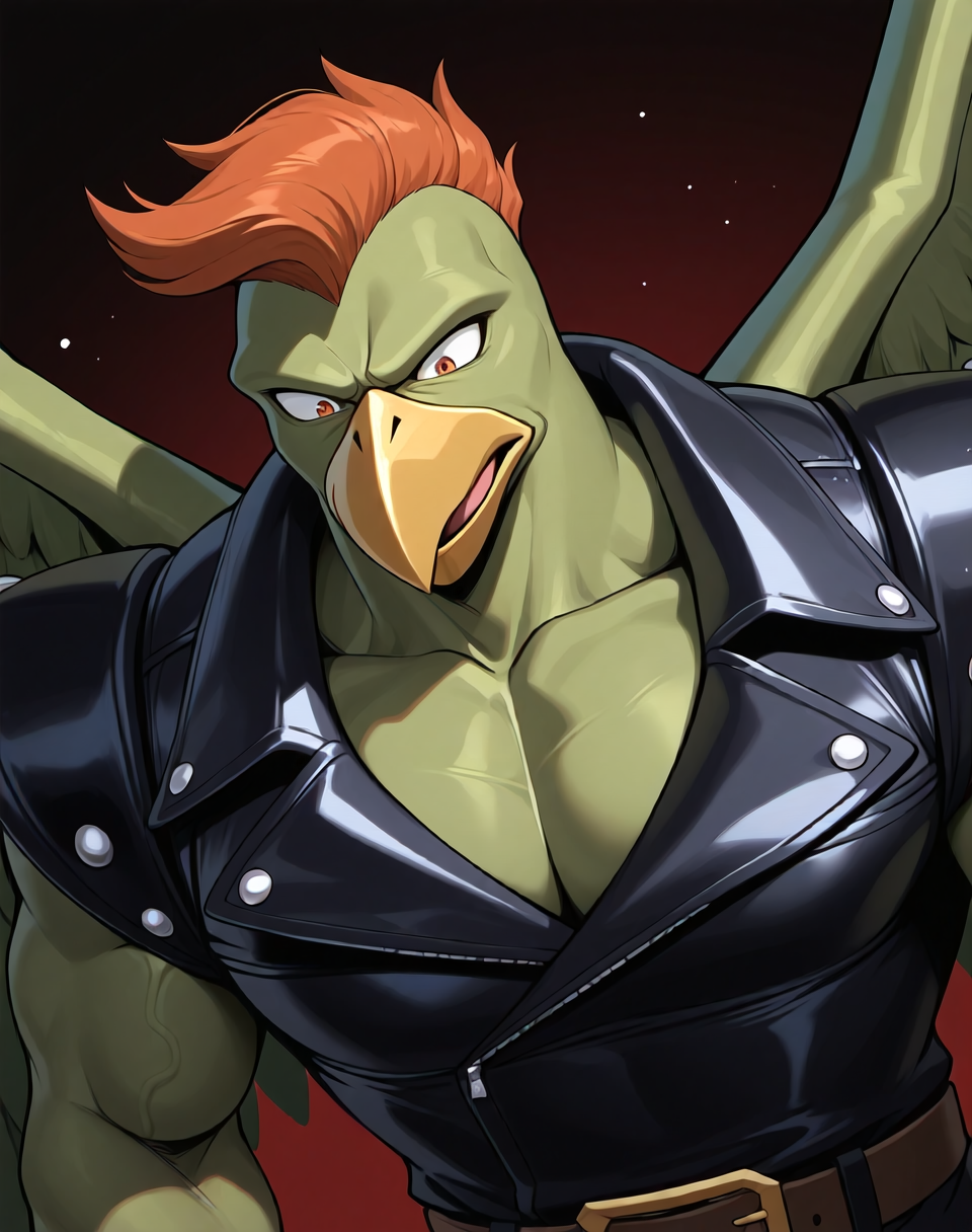 <lora:Griff_(Gargoyles)_(Illustrious)_(AD):1> Griff, muscular, monster, 
gradient coloring, dutch angle, well defined muscles, leather jacket, leather pauldrons, 
BREAK very awe, aesthetically pleasing, masterpiece, best quality, amazing quality, very aesthetic, perfect depth of field shot, 
EZRealPONYXL, zPDXL, Smooth Quality, lazympos, IllustQualXL_Pos, lazynsfw,