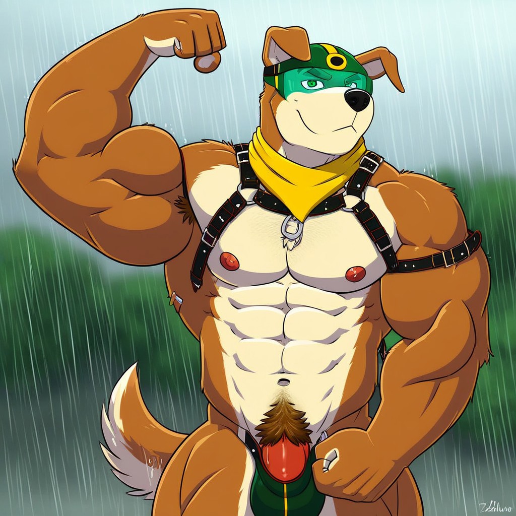 Solo, male, furry, dog, green eyes, yellow scarf, completely nude, chest hair, bdsm, arm raised, flexing muscles, closed fist, nipples, manly, pubic hair, j strap, penis bulge, muscular, raining, transparent water, outside, dog tail, head visor, helment, coat
