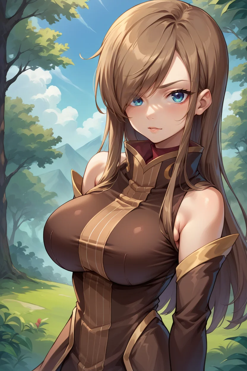 score_9, score_8_up, score_7_up, score_6_up, source_anime BREAK 1girl, solo <lora:teargrants-pdxl-nvwls-v1-000005:1> tgrants, brown hair, hair over one eye, brown dress, bare shoulders, detached sleeves, white gloves, red thighhighs, forest, blue sky, looking at you, big breasts, upper body