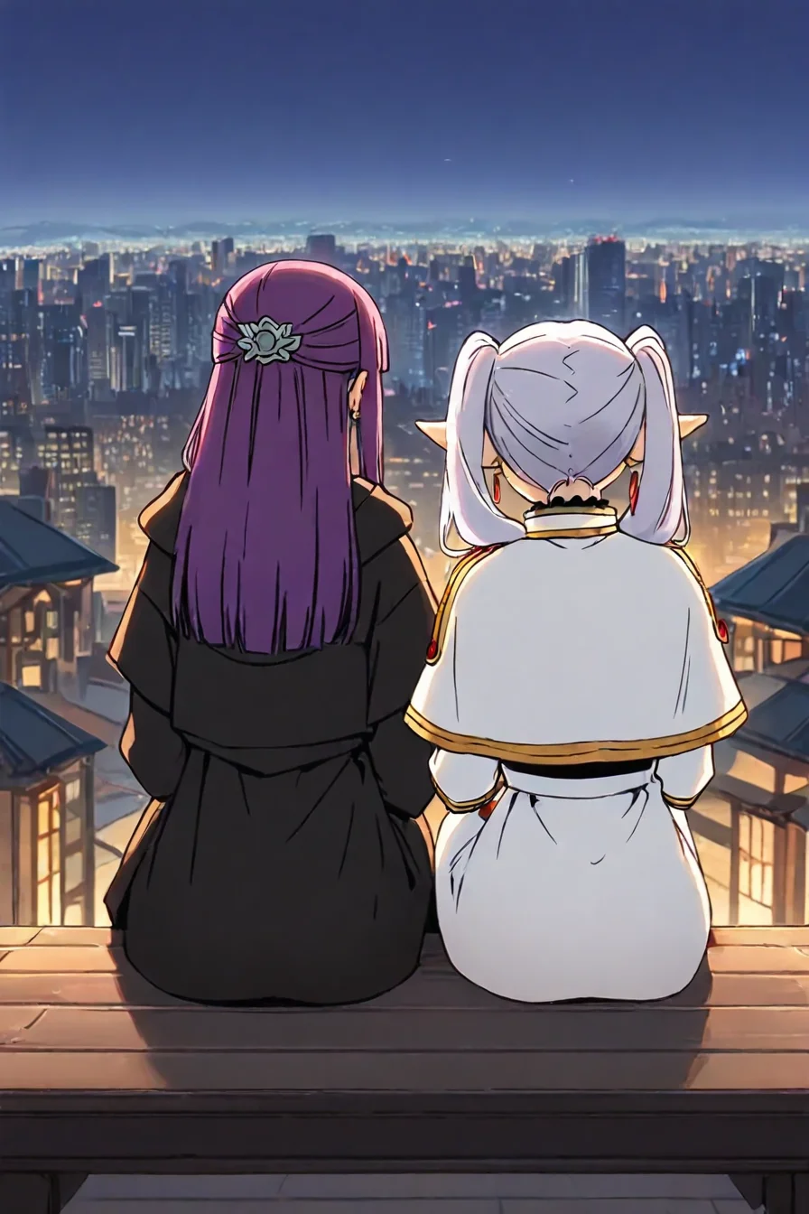 <lora:sitting_couple_IllustriousXL-000006:1>,masterpiece, highres, sitting , side-by-side, city, cityscape, from behind, BREAK <lora:fern-s1-ponyxl-lora-nochekaiser:0.6>, 1girl, fern, long hair, bangs, purple hair, sidelocks, blunt bangs, bright pupils, half updo, long sleeves, dress, white dress, long dress, robe, black robe, BREAK <lora:frieren-ponyxl-lora-nochekaiser:0.6> ,1girl, frieren, long hair, twintails, grey hair, pointy ears, elf, shirt, long sleeves, jewelry, pantyhose, earrings, striped, black pantyhose, capelet, white striped shirt, skirt, white skirt,