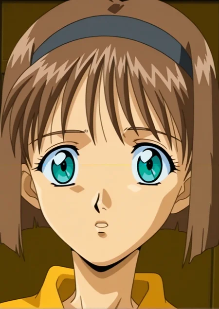 1990s (style),anime coloring,anime screencap,looking at viewer,dutch angle,<lora:Tomoko_Kitazawa_Illustrious_from_Immoral_Sisters (1):1>,tomoko,brown hiar,short hair,portrait, schooluniform