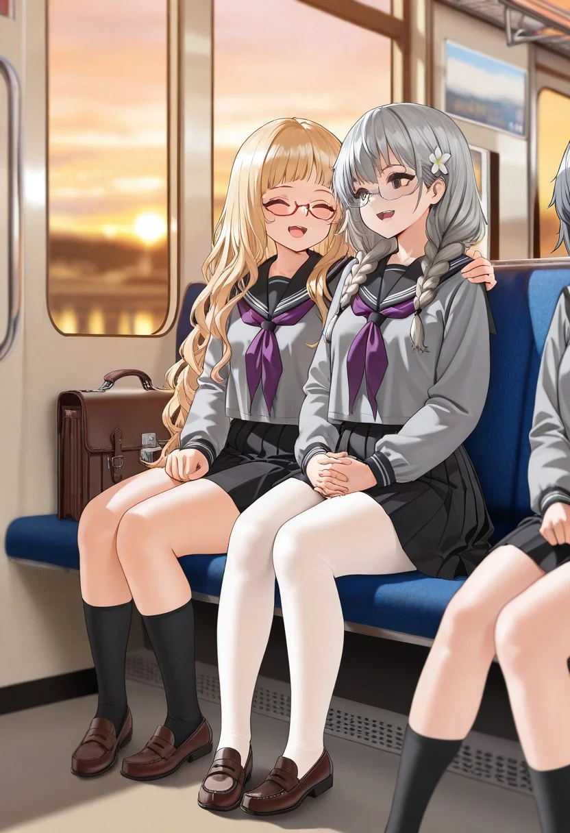 masterpiece, best quality, very aesthetic, absurdres,
3girls, multiple_girls, full_body, vanillaware, bag, school_briefcase, window, blurry_background, depth_of_field, sunset, bus_interior, closed_eyes, blonde_hair, long_hair, fanged_bangs, low_twin_braids, hair_ornament, hair_flower, hair_tie, hair_over_shoulder, plump, school_uniform, serafuku, purple_neckerchief, blouse, grey_shirt, black_sailor_collar, long_sleeves, black_skirt, kneehighs, black_socks, loafers, brown_footwear, open_mouth, laughing, sitting, interlocked_fingers, own_hands_together, palms_together, hair_over_shoulder, grey_eyes, grey_hair, wavy_hair, small_breasts, legs, looking_at_another, smile, clenched_hand, hand_on_another's_shoulder, brown_eyes, grey_hair, very_long_hair, glasses, red-framed_eyewear, semi-rimless_eyewear, under-rim_eyewear, white_pantyhose, hand_up, index_finger_raised,
az-ys-il