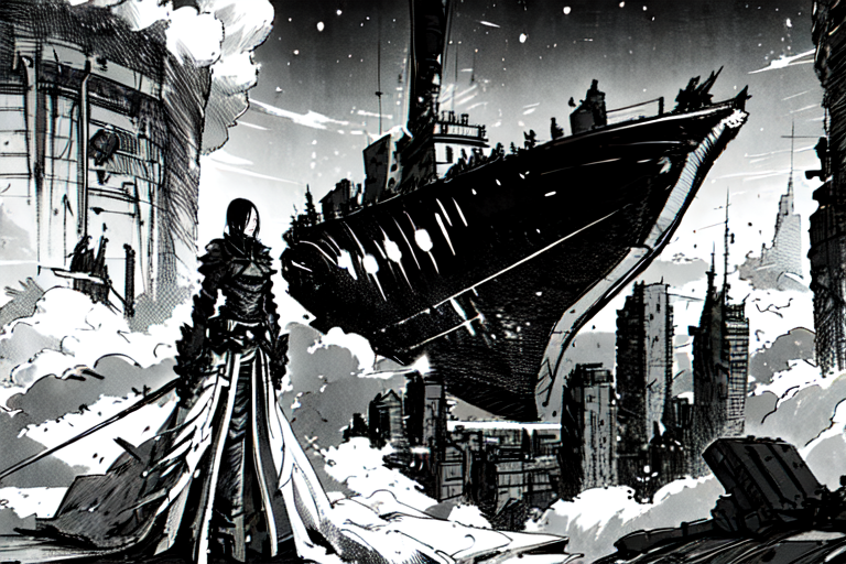 highly insanely detailed, masterpiece, top quality, best quality, highres, 4k, 8k, RAW photo, (very aesthetic, beautiful and aesthetic),  
tsutomu nihei,nihei_tsutomu,blame!,blame gakuen!,abara,TNstyle,sidonia_no_kishi,(hangar,mausoleum,stairs,giant room,city ruins,sidonia \(ship\),lab,megastructure in background,space,spacecraft,tunnel),star \(sky\),starry sky,buildings,tentacles,light particles,fog,walkway,cables,tubes,industrial pipes, 
<lora:ABARA:1>, 
(1girl:1.3), 
solo focus, 
cloud city,cloudtop sky-city,âââ
