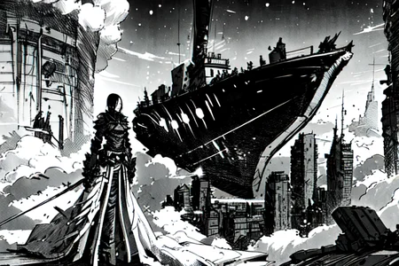 highly insanely detailed, masterpiece, top quality, best quality, highres, 4k, 8k, RAW photo, (very aesthetic, beautiful and aesthetic),
tsutomu nihei,nihei_tsutomu,blame!,blame gakuen!,abara,TNstyle,sidonia_no_kishi,(hangar,mausoleum,stairs,giant room,city ruins,sidonia \(ship\),lab,megastructure in background,space,spacecraft,tunnel),star \(sky\),starry sky,buildings,tentacles,light particles,fog,walkway,cables,tubes,industrial pipes,
<lora:ABARA:1>,
(1girl:1.3),
solo focus,
cloud city,cloudtop sky-city,âââ