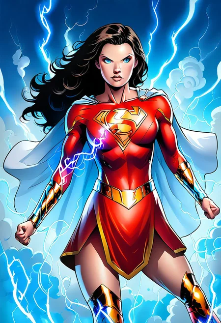 ((((8k)))), highres, ((Mary Marvel)), long hair, cape, top, long sleeves, bracer, belt, skirt, knee boots
electricity, lightning, glowing, cloud, magic