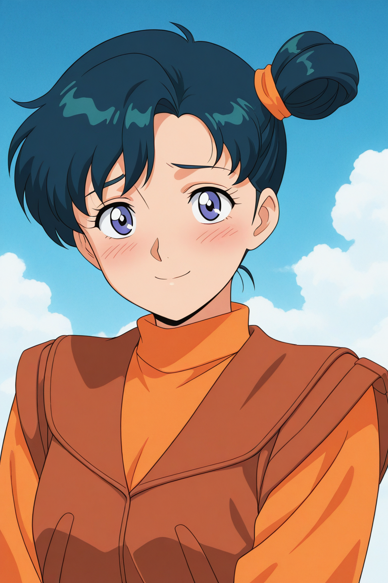 masterpiece, best quality, source_anime,official art,perfect_anatomy,retro_artstyle, 1girl,Martina,blue hair,short hair,side ponytail,hair bun,vest,turtleneck,(beautiful detailed face,looking_at_viewer,shy,blush,smile,in heart),upper body,day,blue_sky,cloud