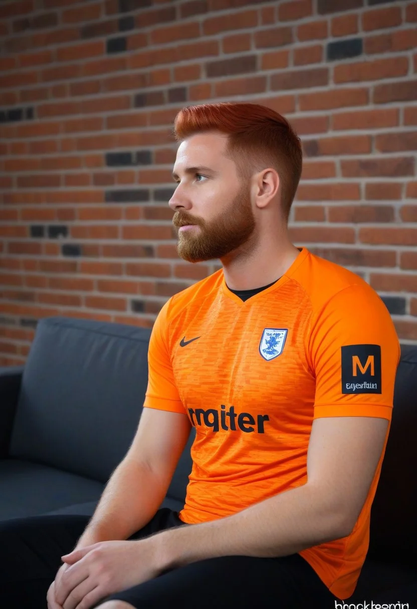 photo of a man with short red hair, hipster beard, looking away, sitting on sofa, posing, brick wall on background, bokeh, dynamic dutch angle.
(wearing soccer_jersey, dark theme, orange english text).