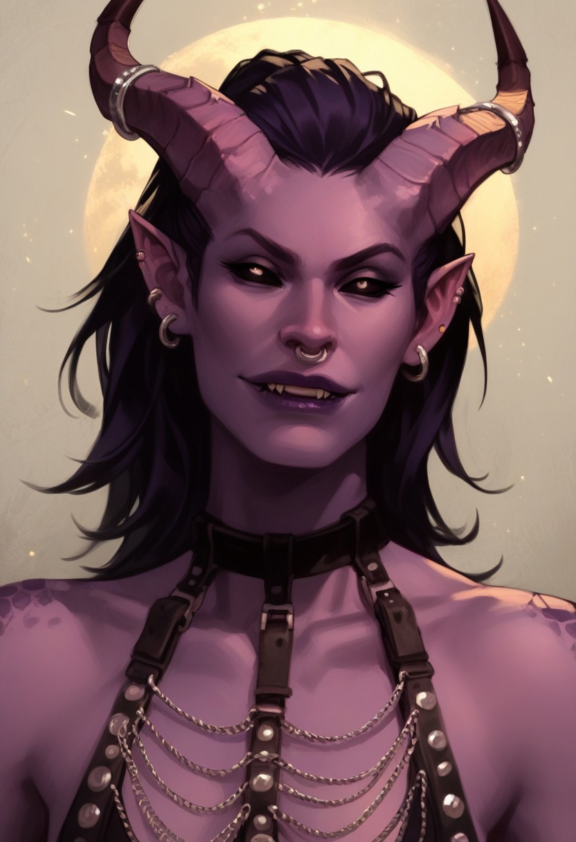 score_9, score_8_up, score_8_up, 1girl, sexy, tiefling, purple skin, short straight horns, flat chest, dark purple hair, elegant hair, ear piercings, nose ring, black eyes, black sclera, purple lips, fangs, slender, leather bra, studded straps, well lit, ((dynamic lighting)), chain harness, horn rings, purple shoulder scales, waist up view, hyper skinny, smirking, dynamic pose