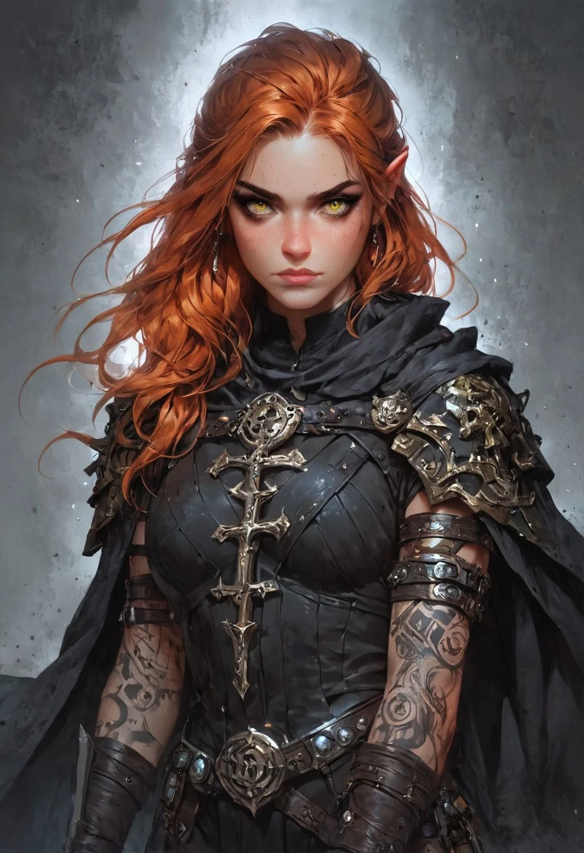 score_9, score_8_up, score_7_up, woman, simple background, dark background, yellow eyes, gorgeous, elf, rogue outfit, black pagan outfit, pale skin, solo, black religious robes, pagan mystic jewelry, black iron crown, pagan ornaments, violet cloak, standing up straight, calm face, runic tattoos, ginger hair, closed mouth, cowboy shot, looking at viewer
